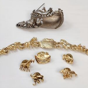 80's Vintage Noah's Ark Jewelry Lot Bracelet Brooch Pins Gold tone Pewter